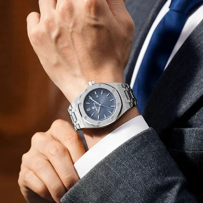 PAAZOMU luxury square men's quartz watch with stainless steel bracelet and blue textured dial.