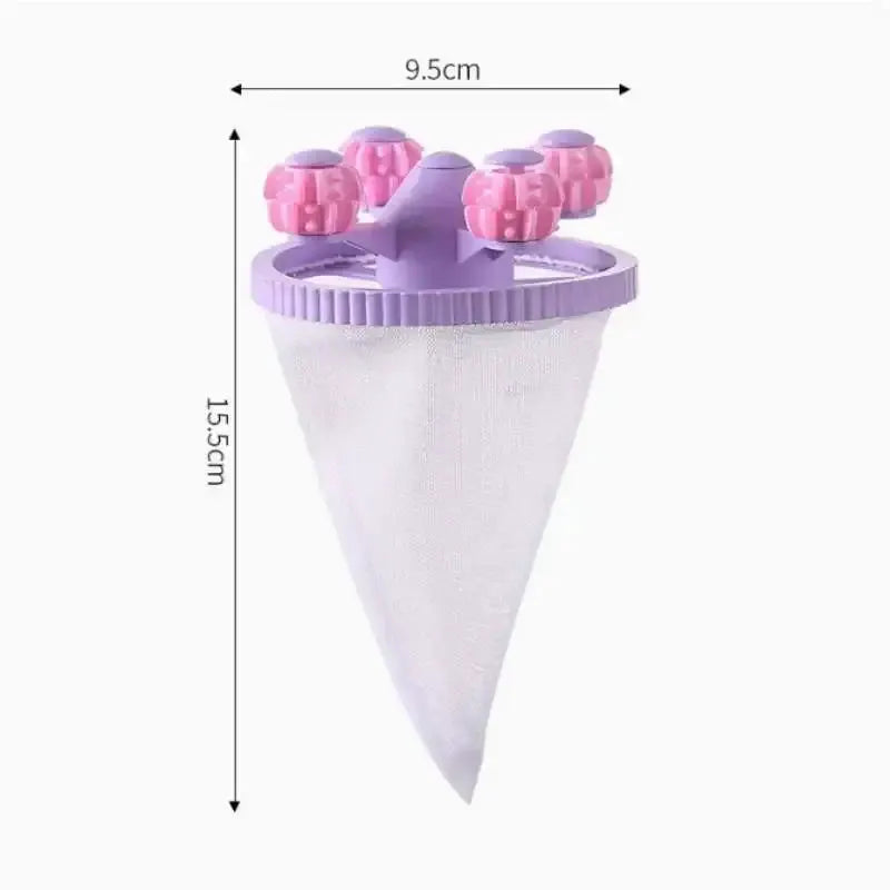 Washing machine filter bag, reusable mesh lint catcher; cone-shaped with pink top and purple ring, 15.5 cm tall by 9.5 cm wide