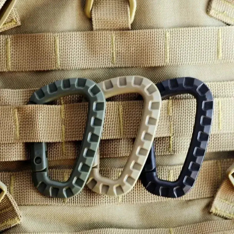 Simples Market 3-pack military tactical carabiner clips, D-ring buckles in green-gray, tan, and navy for backpacks
