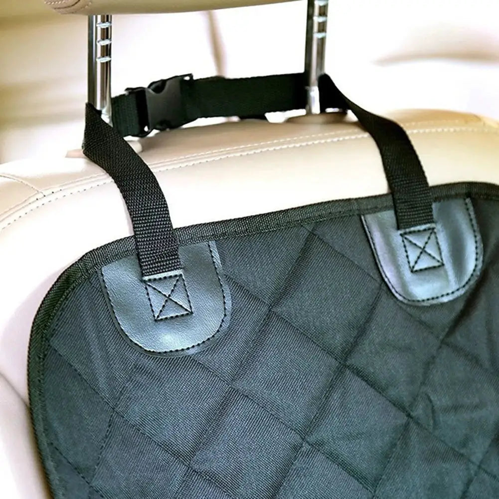 Dog car front seat cover, quilted black, waterproof fabric with adjustable straps.