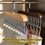 Multifunctional wooden clothes hanger organizer with metal hooks and 8-piece capacity
