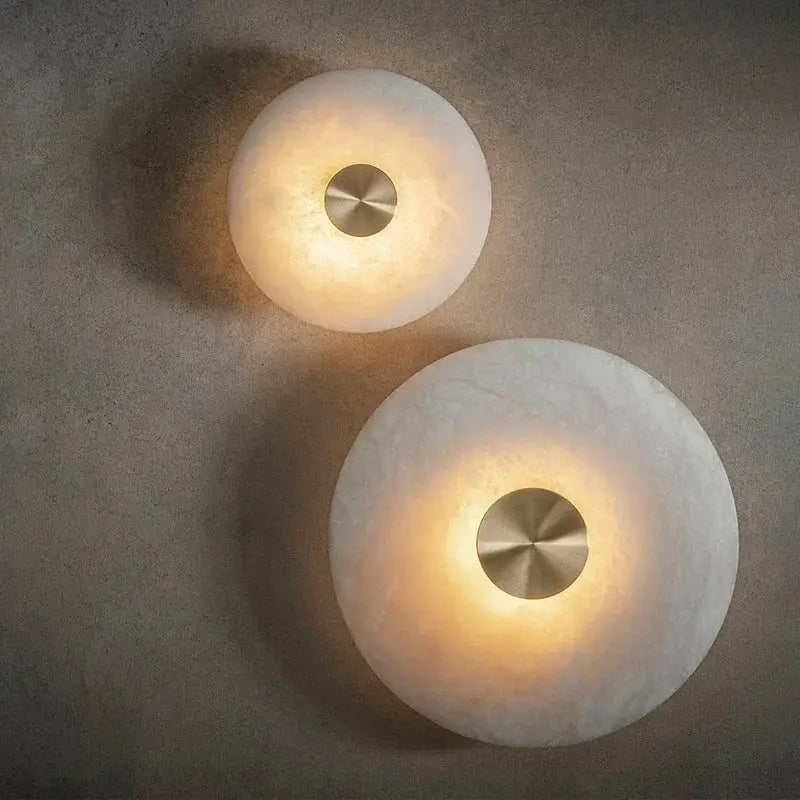 Pair of Luxury Spanish Natural Marble Wall Lamps by Simples Market, white marble discs with copper centers, LED-lit