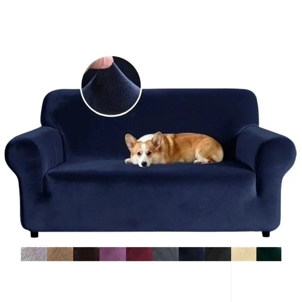 Velvet sofa cover navy blue with thick elastic stretch for 1–4 seaters; plush living room couch cover