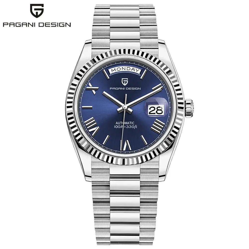 Pagani Design DD36 automatic men's watch with blue dial, stainless steel bracelet, day/date windows