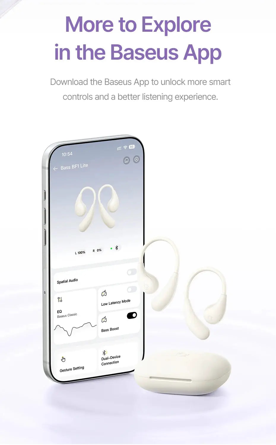 Baseus BF1 Lite Open-Ear Sport Wireless Earphones with earhooks, white; charging case; Bluetooth 5.4