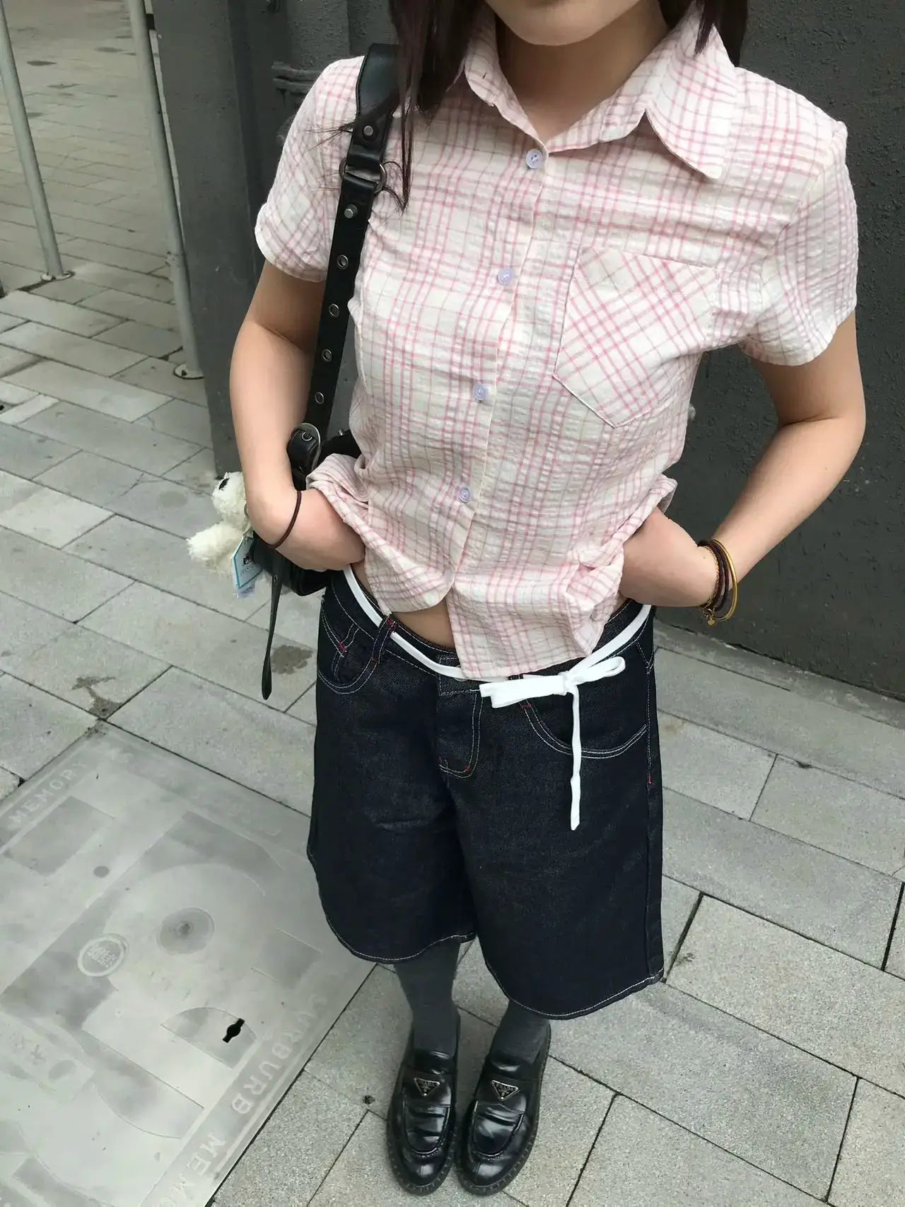 Simples Market Genayooa Y2k plaid shirt for women, pink and white checks, short sleeves, chest pocket