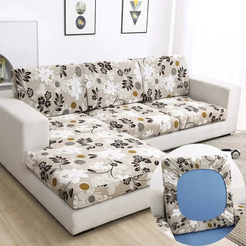 Sofa slipcover set for L-shaped couch; beige floral stretch covers for seat cushions and backrests by Simples Market.