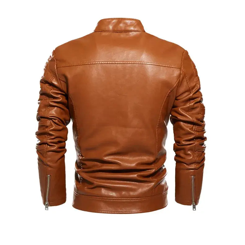 Men's brown leather motorcycle jacket, back view with zippered cuffs and ruched sleeves.