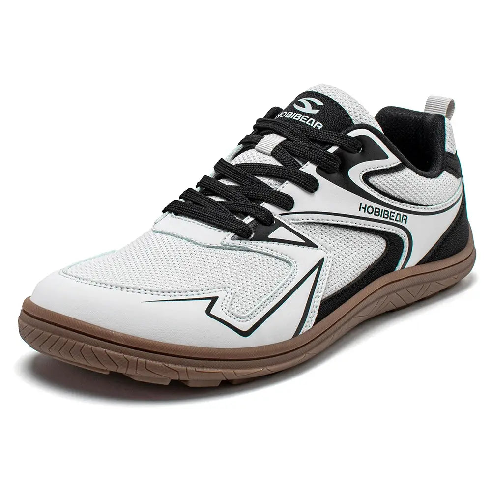 HOBIBEAR barefoot minimalist sneakers, white mesh with black overlays, brown sole, unisex wide-width running shoes