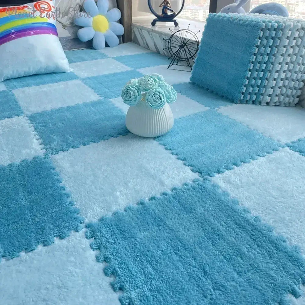 Soft plush EVA foam puzzle mat in blue checker squares, interlocking long-hair surface for babies