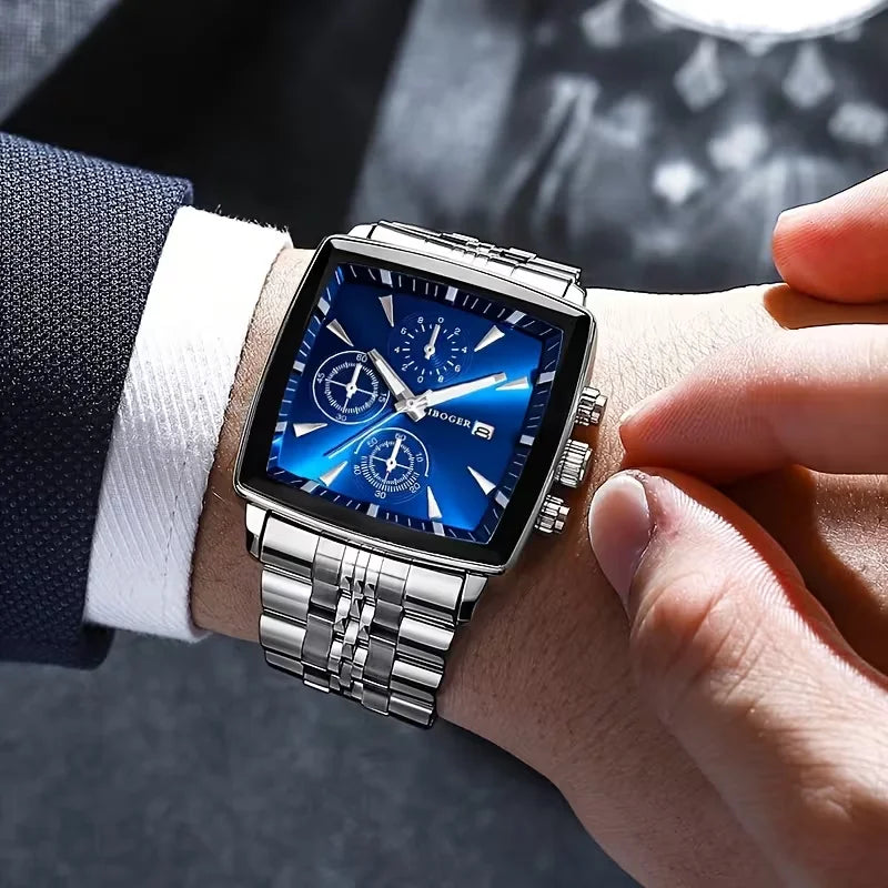 Simples Market men's luxury square-dial quartz watch with calendar, stainless steel band, blue dial