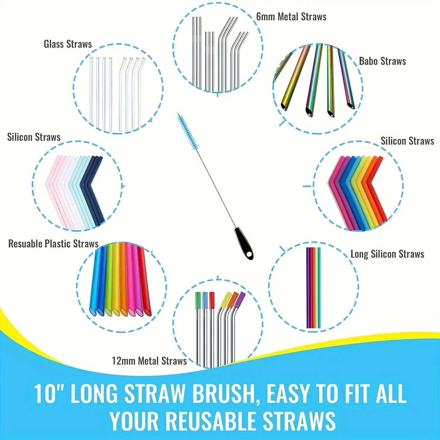 3-in-1 stainless steel water bottle brush set with long handle and assorted reusable straws by Simples Market