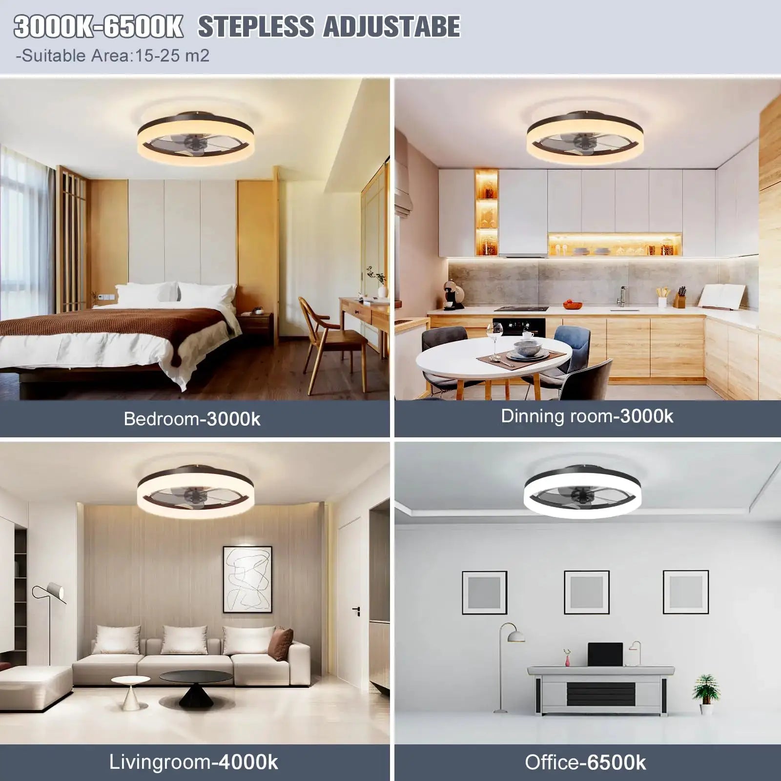 Simples Market LED ceiling fan light with remote circular ring 3000K-6500K shown in bedroom, dining, living room, office