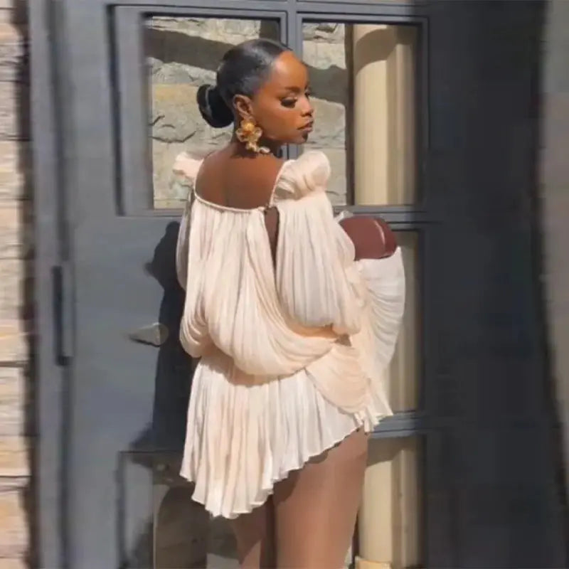 Satin Off Shoulder Pleated Mini Dress For Women Puff Sleeve Cinched
