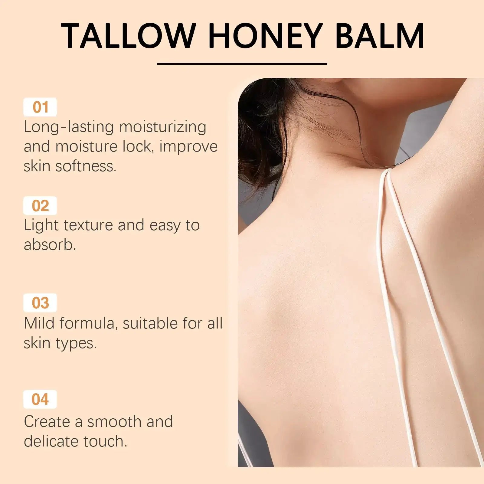 Simples Market Tallow Honey Balm moisturizing cream for face and body on a peach layout with a model's bare shoulder