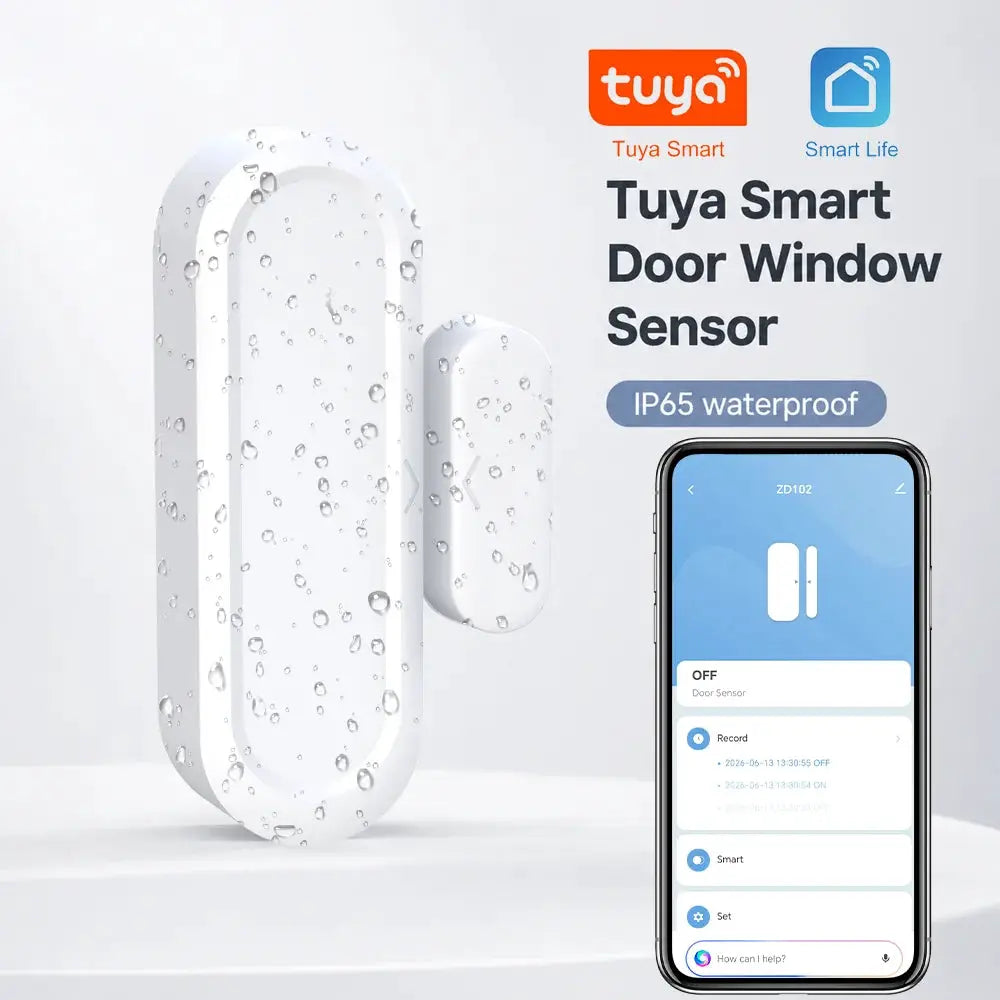Tuya Smart IP65 waterproof door window magnetic sensor set, white plastic; two pieces shown with app