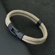 Mens double-layer rope bracelet in beige braided thread with detachable black clasp