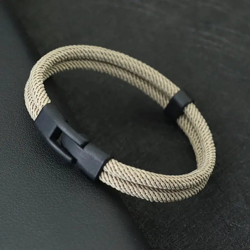 Mens double-layer rope bracelet in beige braided thread with detachable black clasp