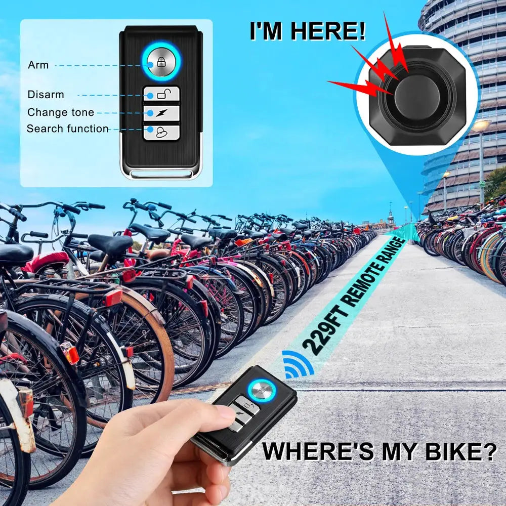 Two black Hollarm wireless bike alarm remotes with USB charging, by Simples Market