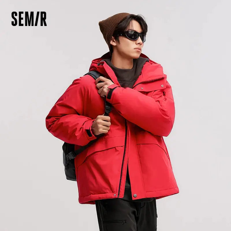 Semir down jacket for men, red mid-length, hooded, rainproof and windproof; SEM/R logo visible