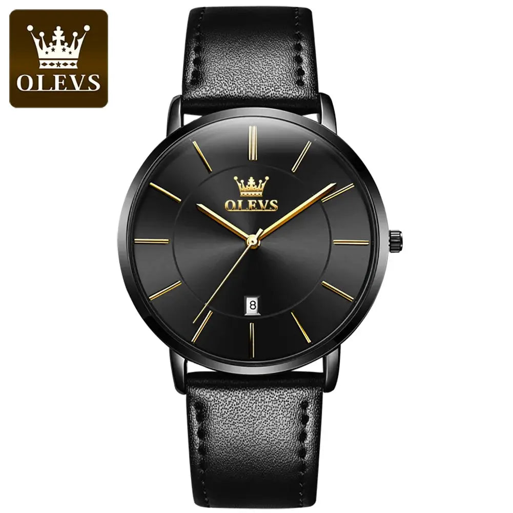 OLEVS men's ultra-thin quartz watch with black dial, gold-tone markers, leather strap and date window