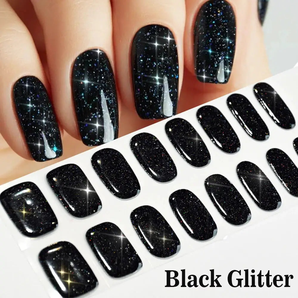 Nail sticker set: 16-tip black glitter full-cover decals for UV gel nails by Simples Market