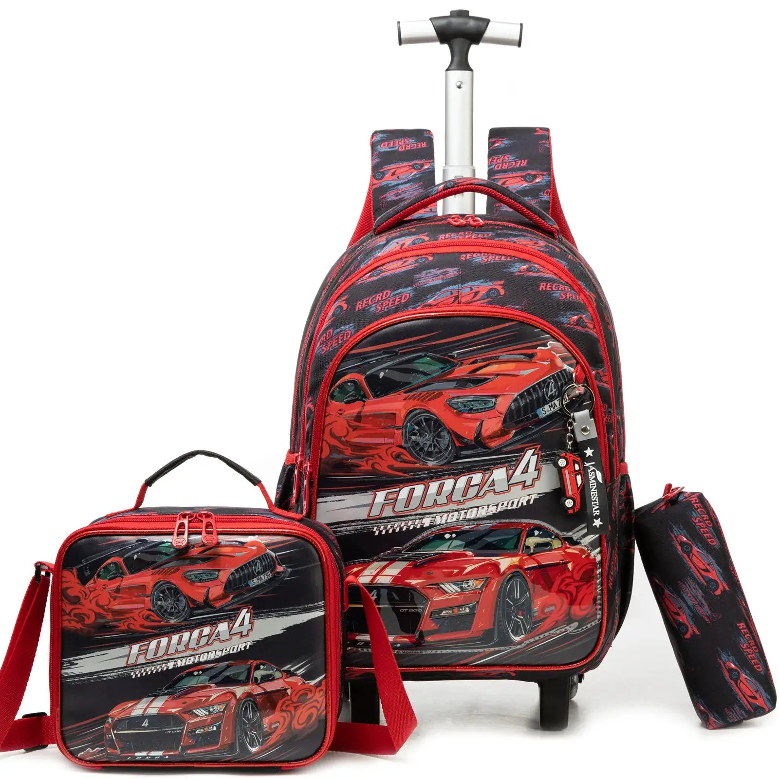 2-piece children's wheeled backpack and lunch box set with red car print by Simples Market