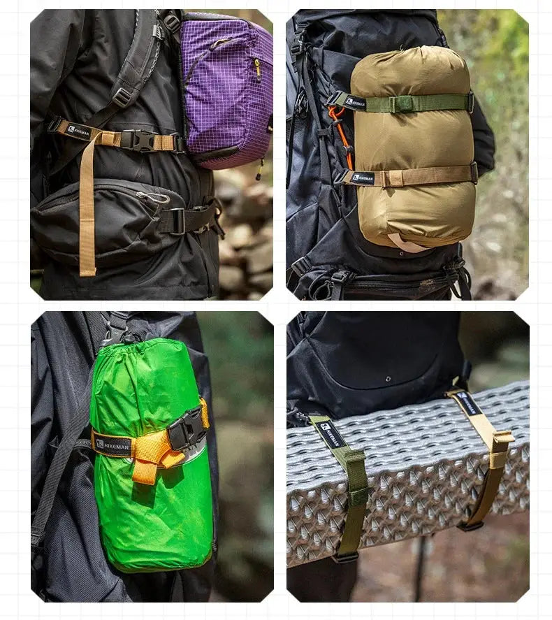 Outdoor luggage strap with adjustable plug-in buckle; tan, olive, and green variants on packs and gear (Simples Market)