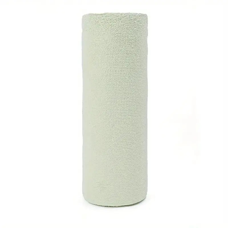 Roll of pale green microfiber cleaning towels for dishes; reusable and machine washable.