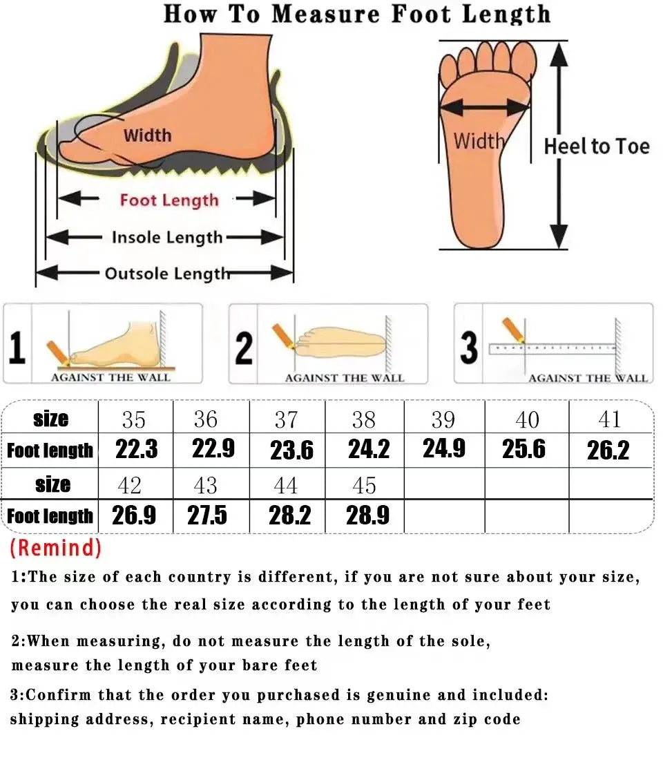 Shoe size chart and foot-length guide for Simples Market footwear with width and heel-to-toe measurements.