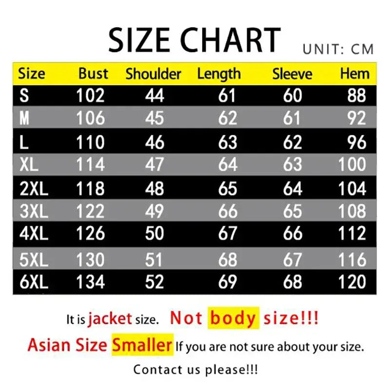 Men's leather jacket size chart in cm showing bust, shoulder, length, sleeve and hem for sizes S through 6XL.