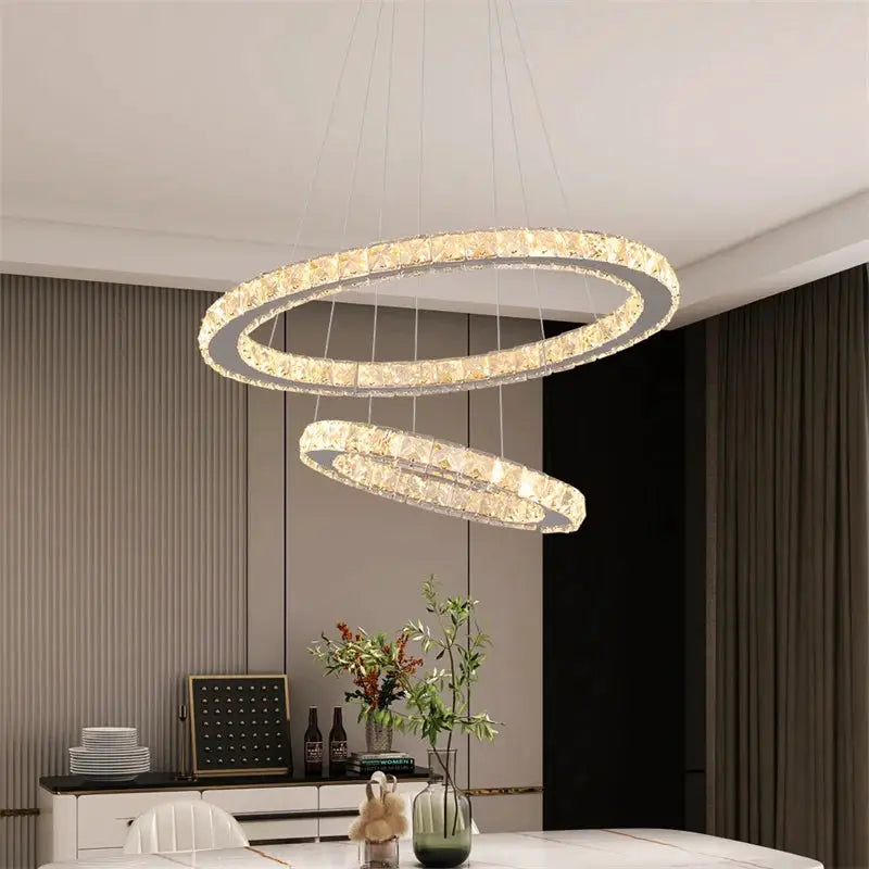 Modern crystal ring LED chandelier with dual rings and chrome finish