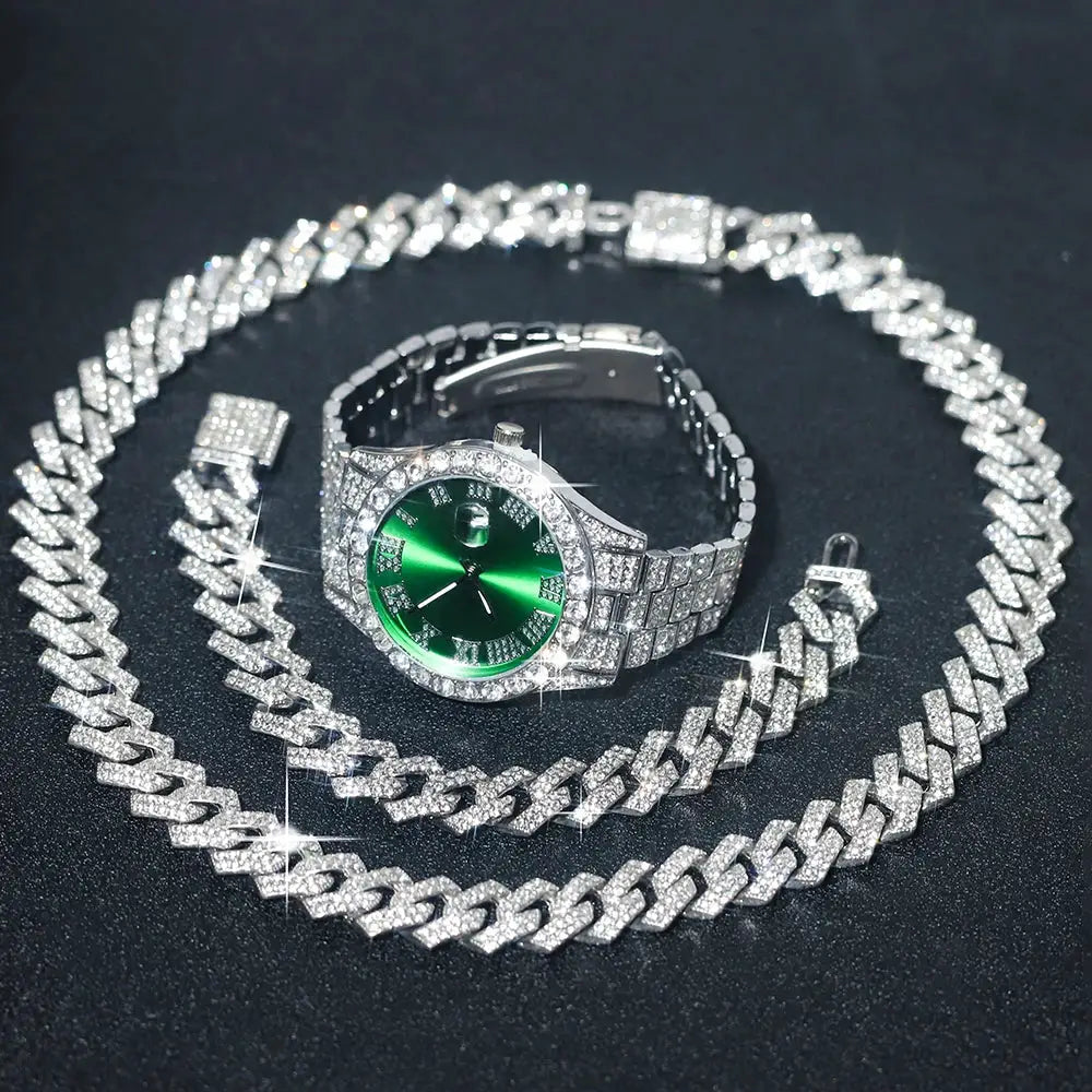 UrbanPulse Mens Hip Hop Silver Watch Set With Diamond Inlay Cuban Chain And Bracelet Adjustable Gift