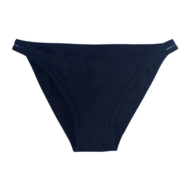 Women’s navy cotton bikini panties with mesh side panels