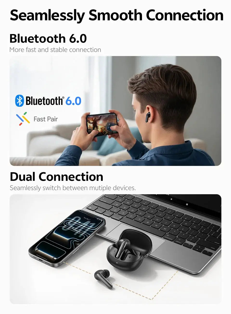 QCY MeloBuds N60 wireless earbuds in black with charging case, Bluetooth 6.0 dual-connection