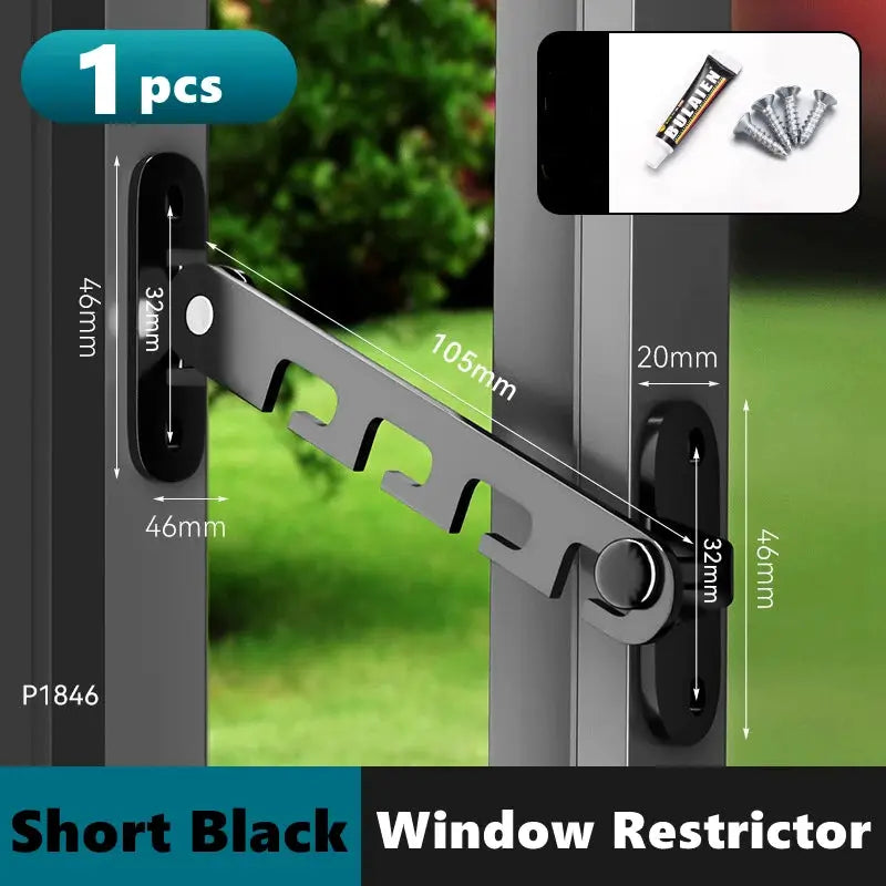Window restrictor by Simples Market, short black with adjustable latch, 1 piece