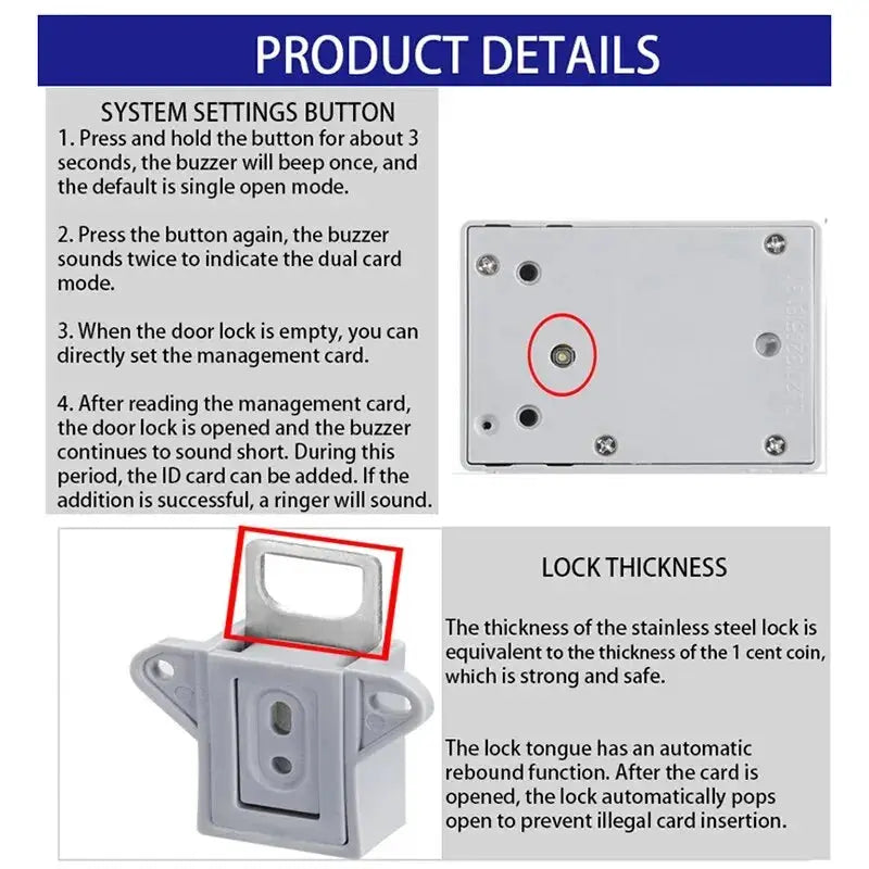 Simples Market Smart Invisible RFID Card Key Digital Lock for furniture cabinets; stainless steel body, white housing.