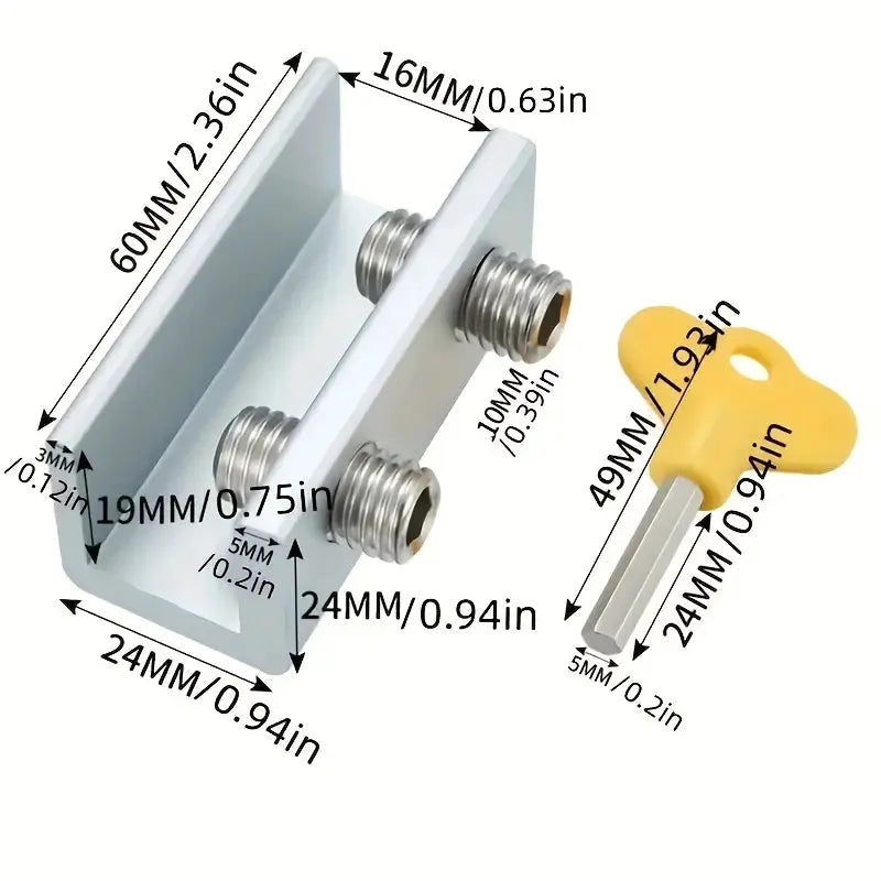 Simples Market sliding sash stopper cabinet lock set with yellow key and metal bolts for child safety on doors.