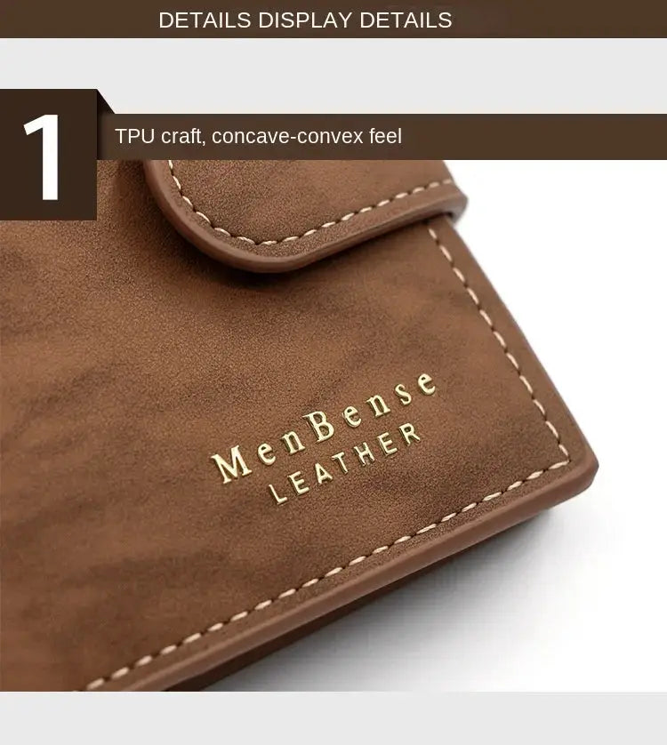 MenBense Leather wallet, brown PU leather with flap and card holder