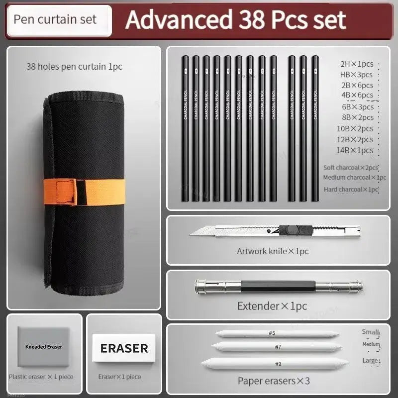 Simples Market 38-piece sketching pen and pencil set in black roll-case with erasers, knife and extender