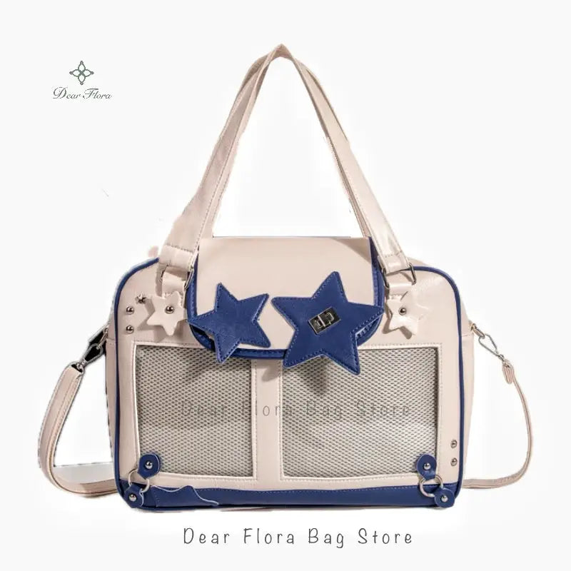 Simples Market Y2K star ita bag in cream with blue star accents, mesh front pockets, and detachable crossbody strap