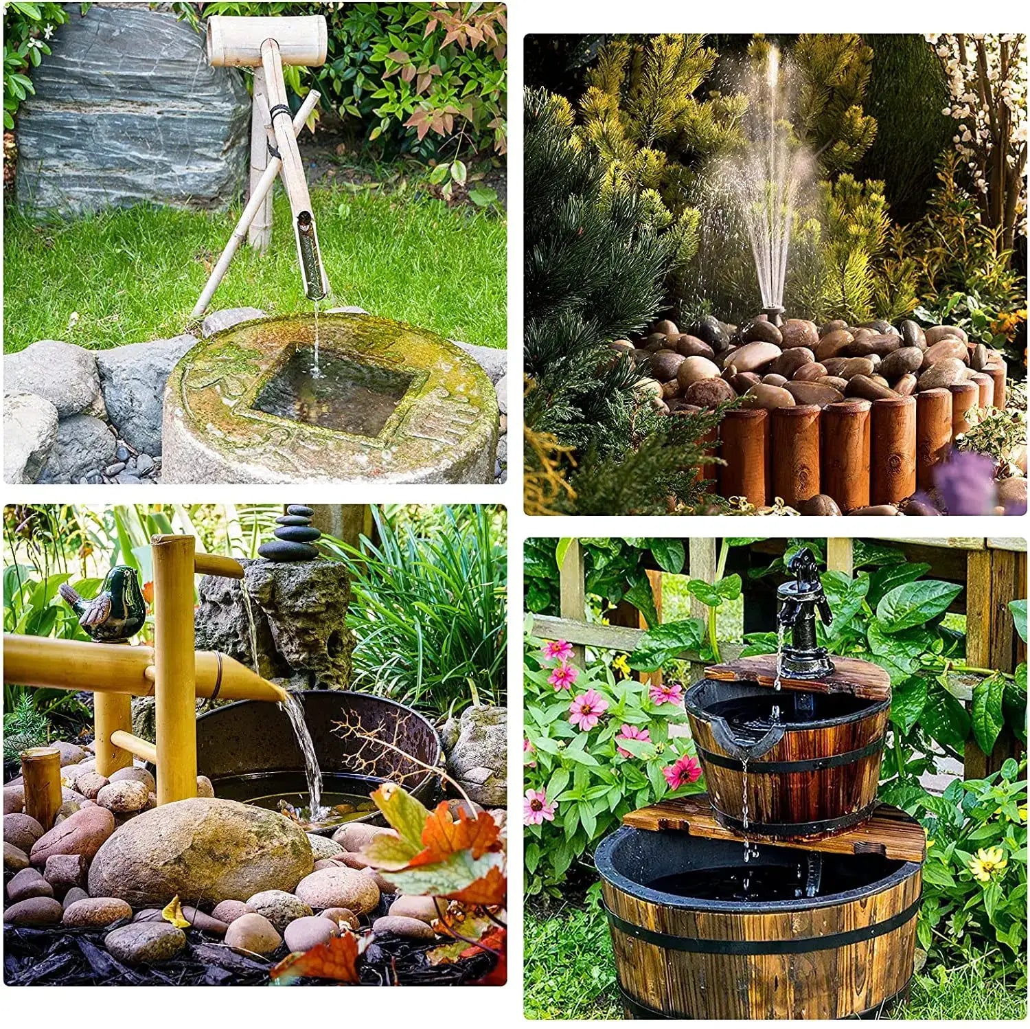 Solar fountain pump kit for garden ponds with 6 nozzles; panel-powered, low-noise outdoor water features