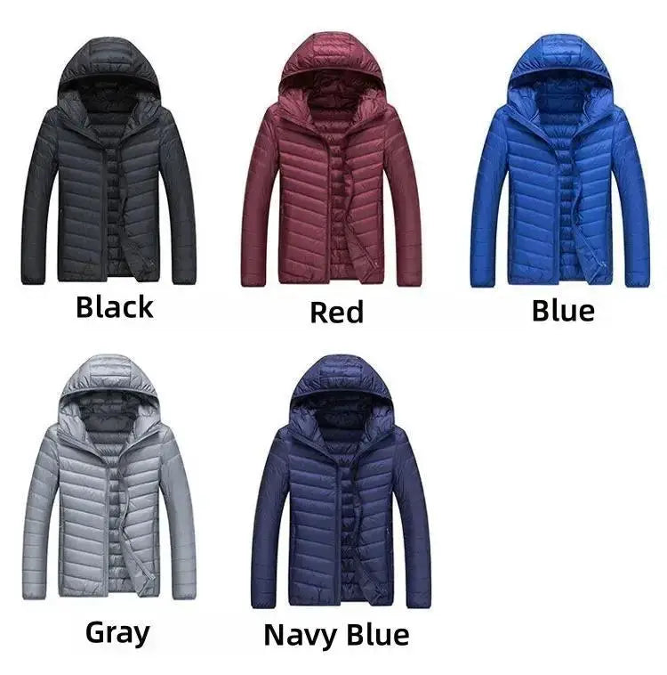 Men's UETEEY ultralight hooded down jacket by Simples Market in 5 colors: Black, Red, Blue, Gray, Navy.