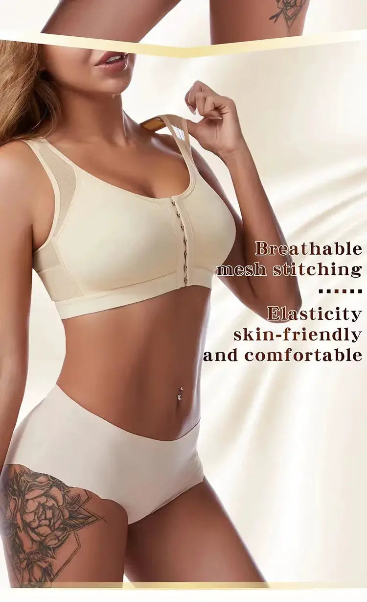 Front-closure posture-corrector lift-up bra in beige by Simples Market, breathable mesh and skin-friendly comfort.
