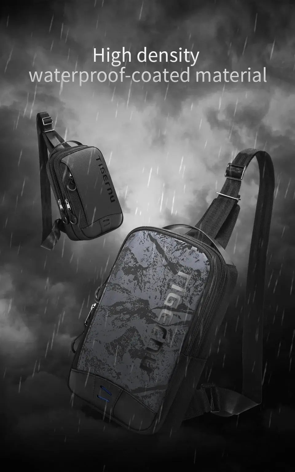 Tigernu chest bag for men with camouflage main bag and a small black pouch; waterproof-coated material.