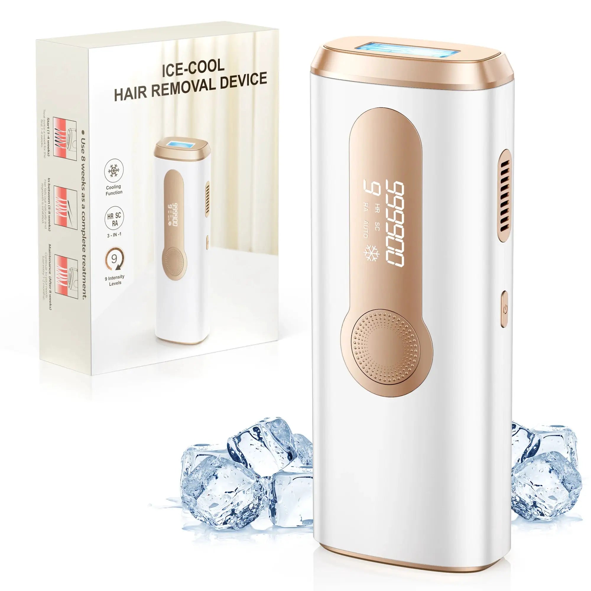 Simples Market Ice-Cool 3-in-1 IPL Hair Removal Device (2-piece set); white with rose-gold accents.