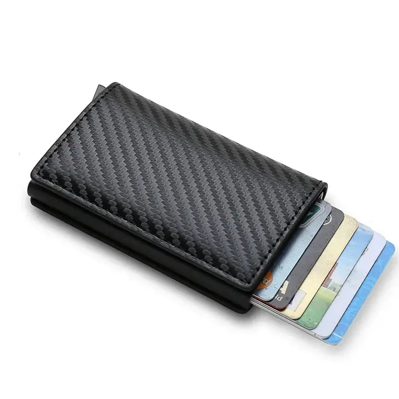 Slim black carbon-fiber RFID cardholder wallet with multiple colorful cards visible.