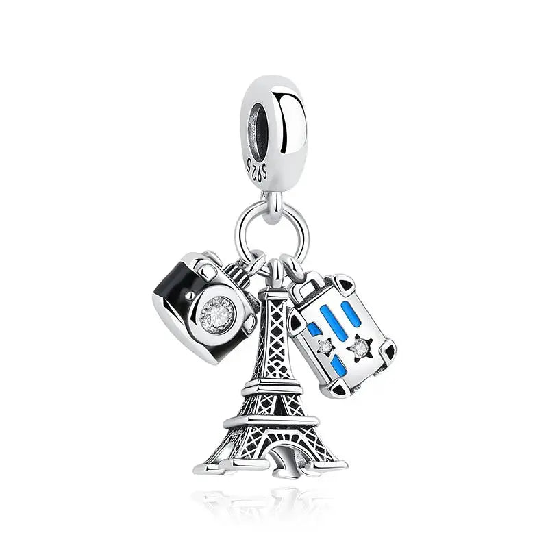 925 Sterling Silver Travel Theme Charms Beads London Bus Paris Suitcase Sam Panda Bracelets Necklaces Women DIY Jewelry