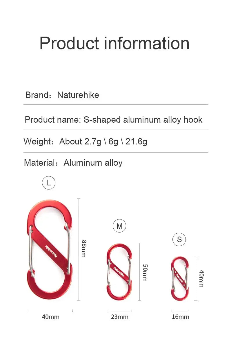 Naturehike S-shaped aluminum alloy hook keychain, red carabiner in sizes L, M, S (set of 3)