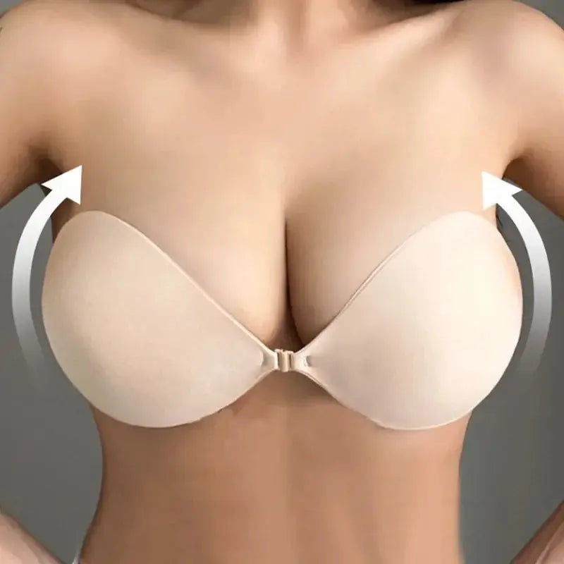Beige strapless adhesive push-up bra with seamless cups and front clasp